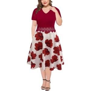 NWT Women's Red Elegant Midi Plus Size Flared A-Line Swing Party Dress 22